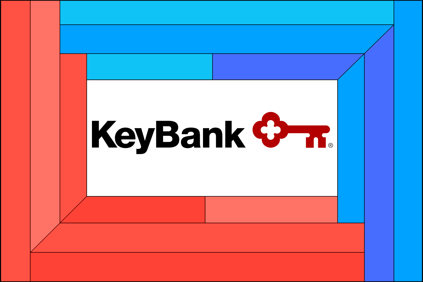 The KeyBank logo on a red and blue graphic background.